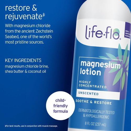 Life-flo Magnesium Lotion - Relief and Relaxation with Magnesium Chloride from The Zechstein Seabed - Soothes Muscles and Joints - Hypoallergenic, 8oz Pack of 1, Unscented