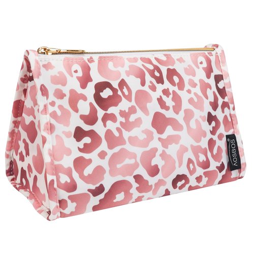 Aosbos Premium Small Makeup Bag, Compact Cosmetic Pouch, Travel-Size Make UP Case for Women, Leopard, Pink