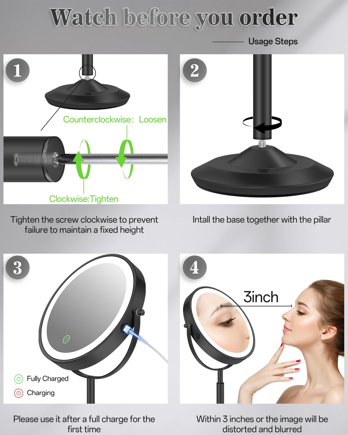 vpu Makeup Mirror with Lights, 1X/30X Lighted Magnifying Mirror Height Adjustable, 3000mAh Rechargeable Double Sided Vanity Mirrors with 3 LED Lighting and Adjustable Brightness for Desk Women Gift