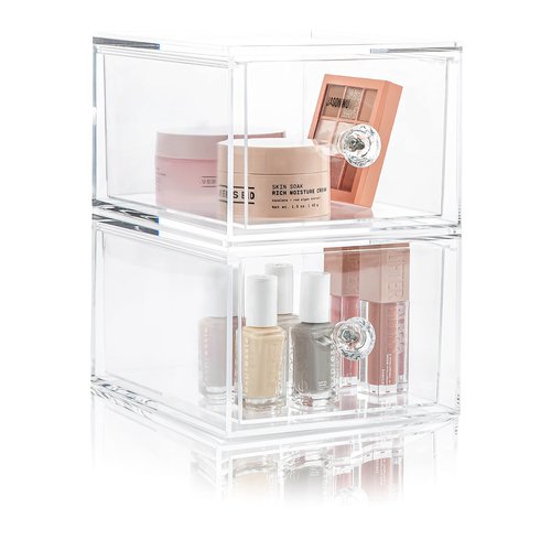 Oizeir Clear Drawer Organizers - Acrylic, Durable, Stackable, Pull-Out Drawer - Great for Medicine, Cosmetics, Makeup and Bathroom Organization (4.5" High | 2-PACK)