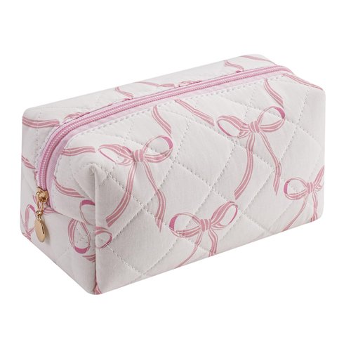 HHQQWZ Quilted Cotton Makeup Bag Travel Cosmetic Bag for Women Girls, Zipper Make Up Pouch, Bow Pattern Toiletry Organizer Makeup, Portable Storage Bag (Pink/Whtie Bowknot)