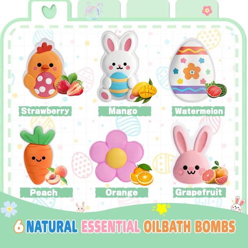 Easter Bath Bombs for Kids, 6 Piece Bath Bomb Toys for Children, Bunny, Chicken & Egg Shapes, Gentle Handmade Safe Fizz Balls, Perfect Easter Basket Stuffers & Party Favors for Boys & Girls