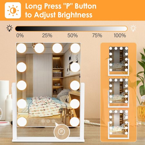 Dirket Vanity Mirror with Lights, Hollywood Lighted Makeup Mirror with 3 Color Lighting Modes and 12 Dimmable Bulbs, Detachable 5X Magnification, Smart Touch Control, 360°Rotation, White