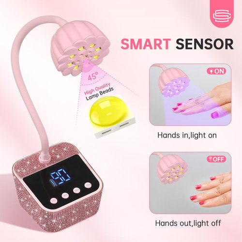 CHRISTINE SHELLY UV Nail Lamp, Mini UV Light for Gel Nails Polish, Rechargeable Nail Dryer with 4 Timers, Quick Drying Cordless Goosenecks Home Nail Salon DIY Manicure Pink Diamond