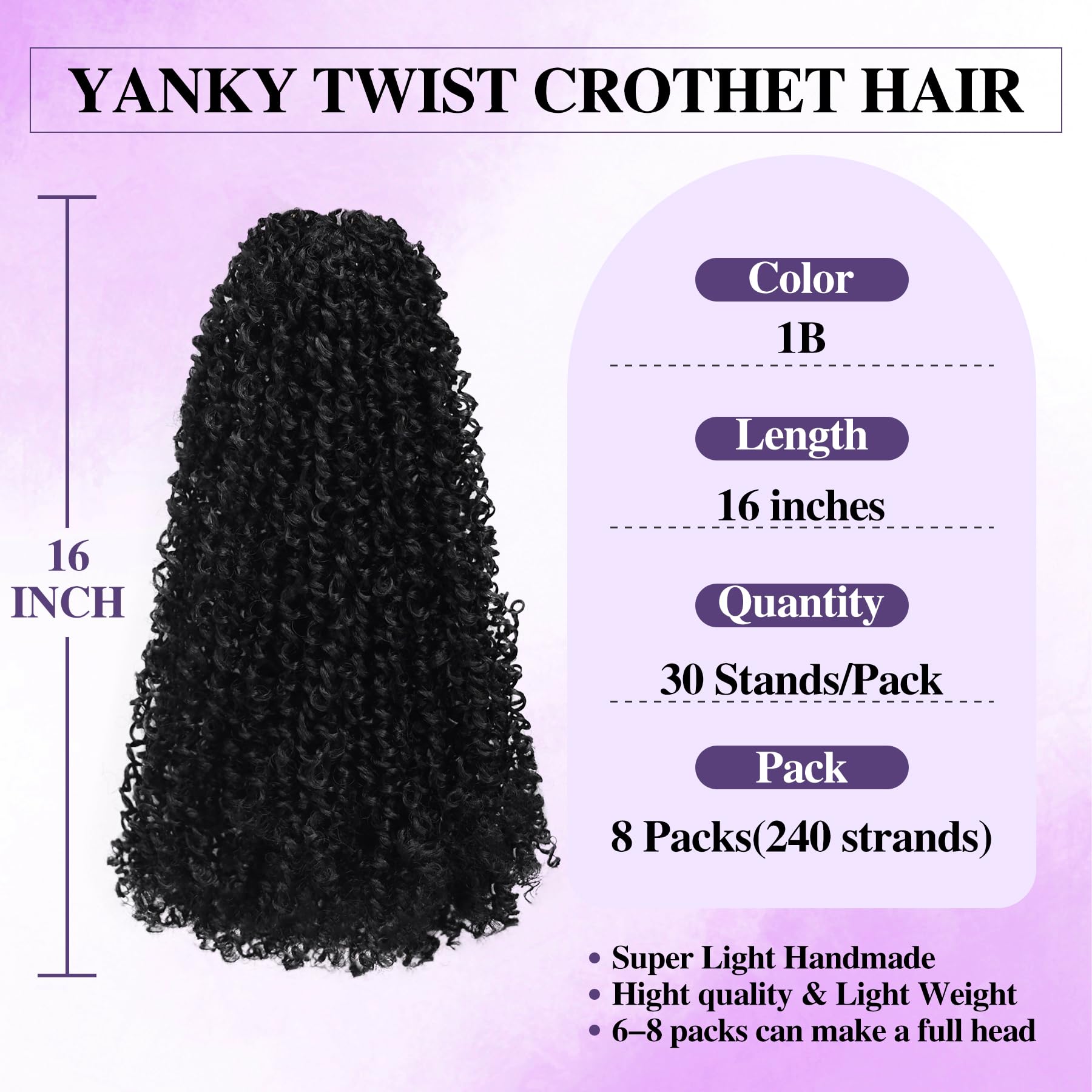 Yanky Twist Crochet Hair for black women 16 Inch 8 Packs 30 Stands/Pc,Pre-looped Fluffy Spring Mini Twist Passion Twist Natural Black Synthetic Crochet Braids Braiding Hair(16 Inch, 1B-8P)