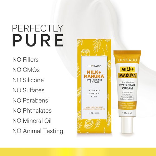 LILY SADO MILK+MANUKA™ Eye Repair Cream - Anti-Aging Natural Gentle Formula w/Coconut Milk, Manuka Honey, Sodium Hyaluronate & VITS C, B5 & E - Prevents Puffiness, Under-eye Wrinkles & Eye Bags - 1oz