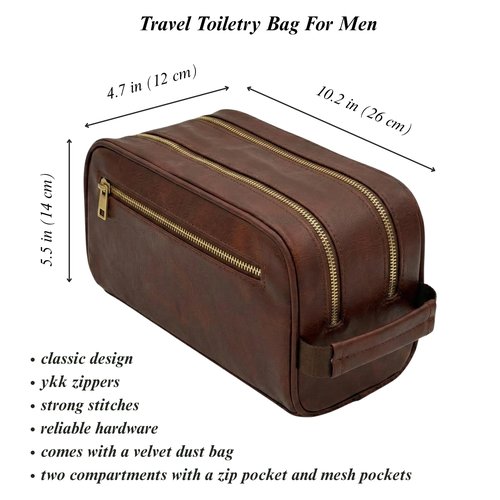VI PRESTIGE Travel Toiletry Bag For Men, Premium PU Leather, Metal Zippers and Bottom Studs, Travel Essentials For Men, Waterproof Toiletry Bag, With Velvet Dust Bag, Men Birthday Gifts/DARK BROWN