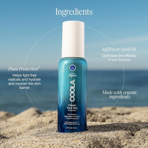 COOLA Organic Sunscreen SPF 50 - Daily Face Mist for All Skin Types | Vegan, Gluten-Free, 3.4 Fl Oz