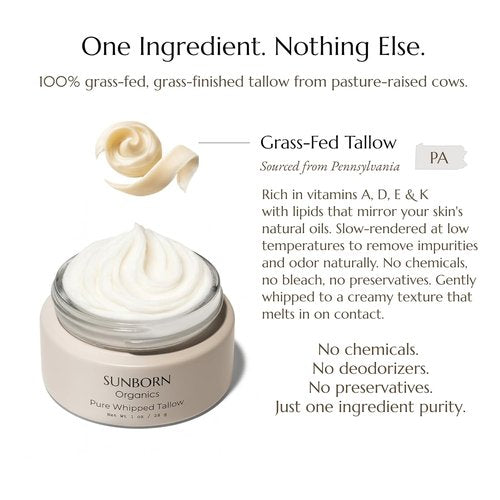 Pure Whipped Tallow - Unscented Face Moisturizer Cream | 100% Grass-Fed Beef Tallow | Handmade in USA