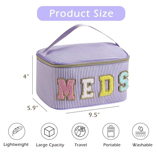 uekeboag Personalized Chenille Letter Seersucker MEDS Makeup Bag,Large Size Medicine RX Cosmetic Bag with Top Handle, First Aid Travel Organizer Bag for Women Girls(03Purple)