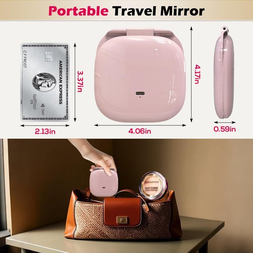 SmooEase Adjustable Brightness Compact Mirror, Lighted Travel Mirror with 1X/10X Magnifying,Double Sided,Mini Dimmable Portable for Handbag and Pocket, USB C Charging,for Girls Women(Pink)