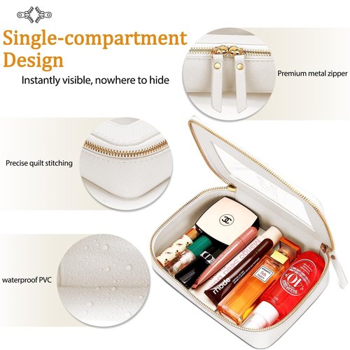 CLOUDWINGS Initial Travel Toiletry Bag - Cosmetic Bags for Girls with Zipper, Clear & Potable Makeup Bag for Travel, Cosmetic Pouch Perfect Gifts for Graduation (Beige, M)