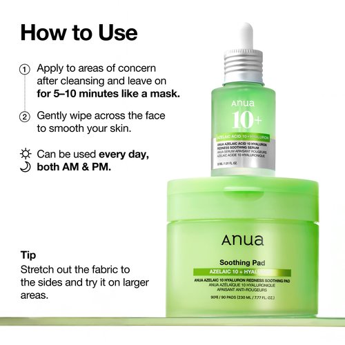 ANUA Azelaic 10 Hyaluron Redness Soothing Pad, Troubled & Spot Care, Quick & Easy Stretchable Facial Mask with Azelaic acid, Hyaluronic Acid, Korean Skincare (90 pads)