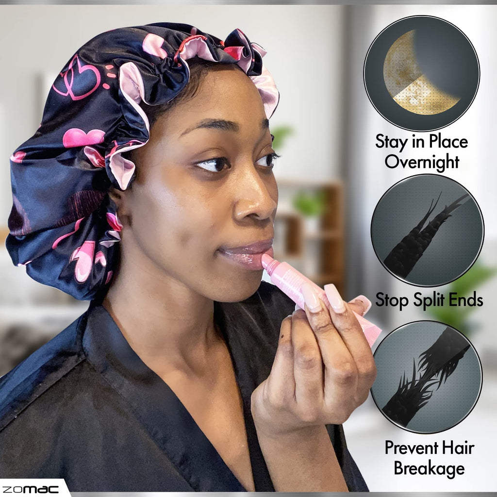 Zomac Satin Bonnet with 14 in 1 Miracle Worker Hair Moisturizer, Shampoo, and Conditioner Gift Set. Includes Gift Bag. Pamper Yourself or a Friend (Hearts)