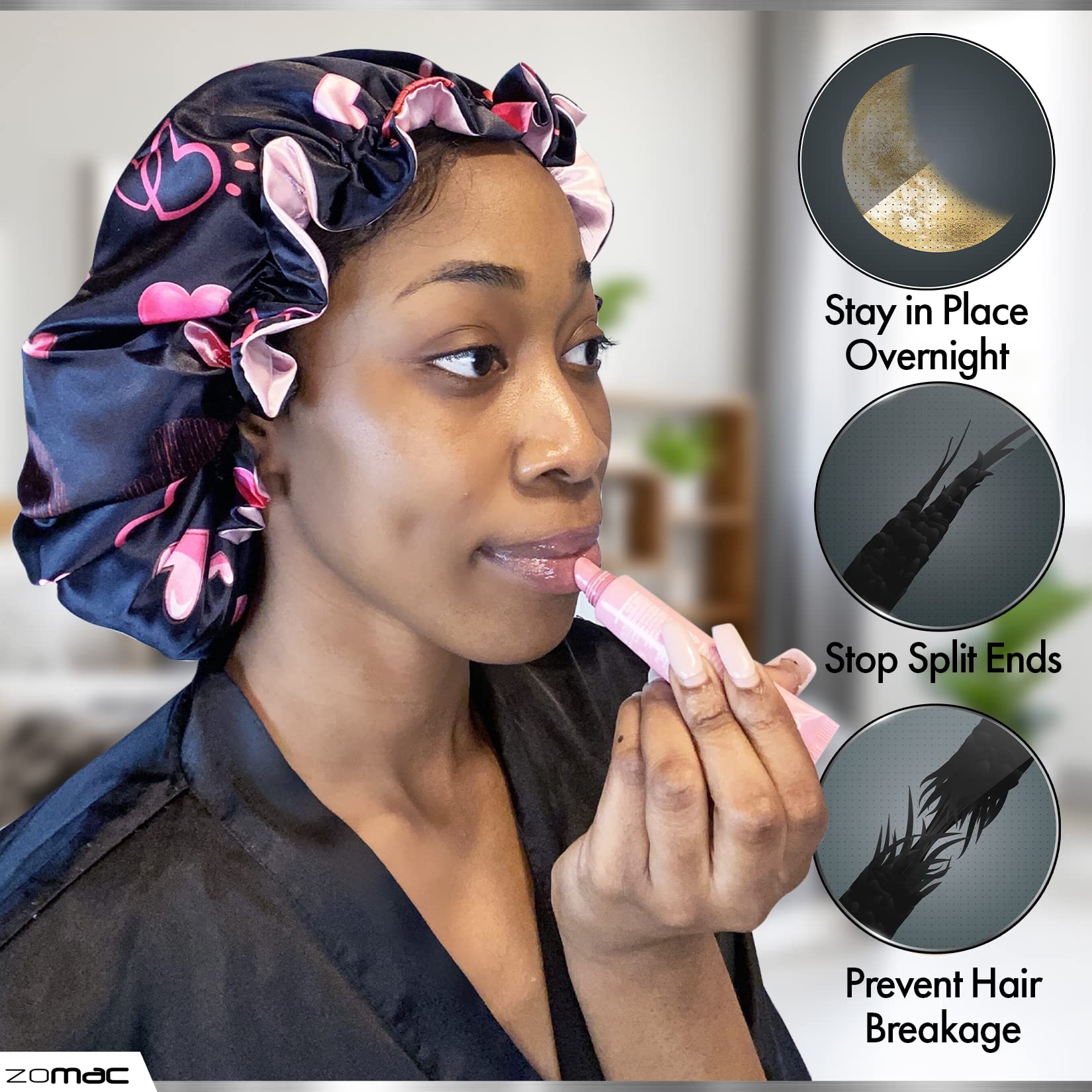 Zomac Satin Bonnet with 14 in 1 Miracle Worker Hair Moisturizer, Shampoo, and Conditioner Gift Set. Includes Gift Bag. Pamper Yourself or a Friend (Hearts)