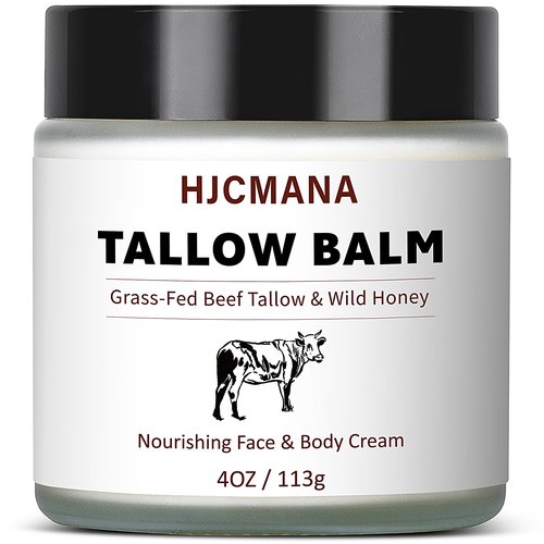HJCMANA Beef Tallow for Skin 4 OZ, Natural Unscented Tallow and Honey Balm, Grass Fed Beef Tallow for Face and All Skin Types