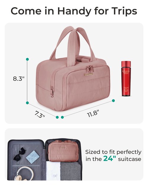 BAGSMART Travel Toiletry Bag, Lightweight Large Wide-open Travel Bag for Women, Puffy Cosmetic Makeup Bag Organizer with Handle for Accessories,Essentials, Toiletries, Dark Pink