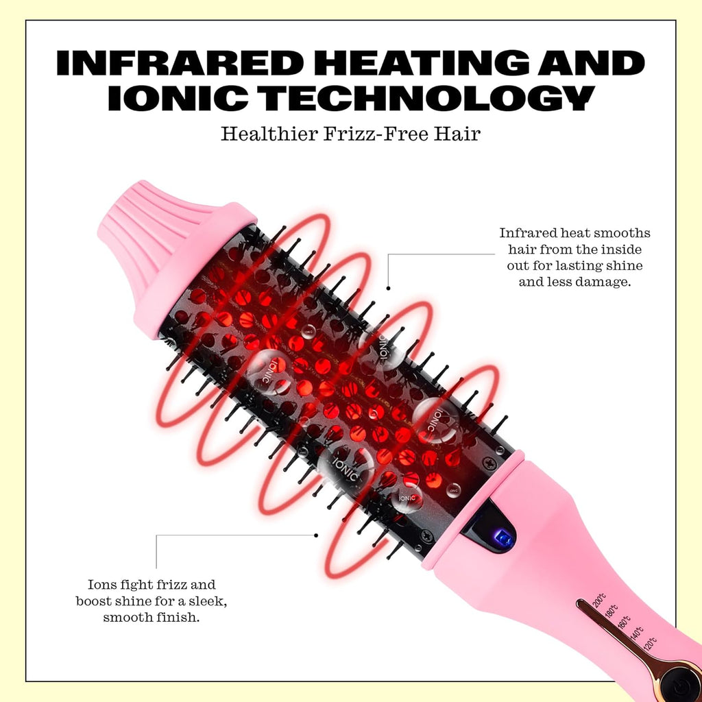 Trademark Beauty Infrared Ionic Thermal Styling Brush - 1.5 Inch Round Barrel for Frizz Control & Shine - Pink