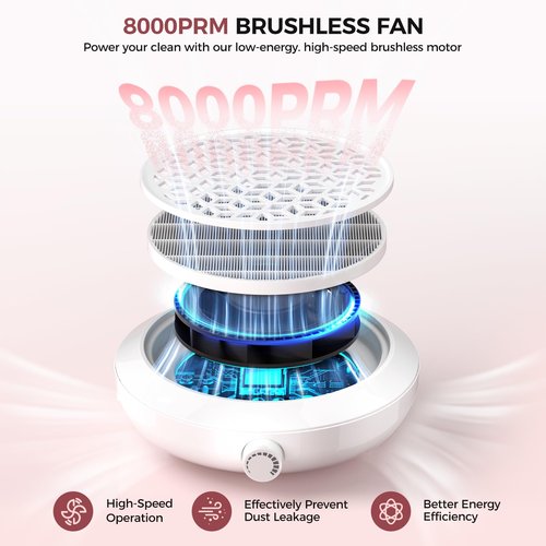 MNAFKT Nail Dust Collector for Nail Tech & Acrylic Nail Polishing - Ultra-Quiet 8000RPM Turbo Brushless Motor, Reusable Filter & Magnetic Detachable Design for Salon, Home DIY & Crafts Powerful（White)