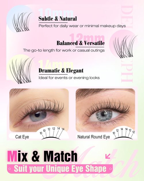 Natural Lash Clusters Kit 10-12-14mm Short Eyelash Clusters Kit Wispy Cluster Eyelash Extensions Clear Band Lash Extensions Kit C Curly Individual Lashes Clusters by Delyneph