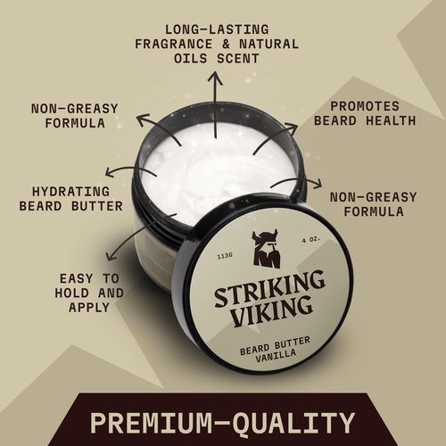 Striking Viking Beard Butter - Non-Greasy Moisturizer With Natural Ingredients (Vanilla, 4oz) - Keep Your Beard Hydrated and Refreshing