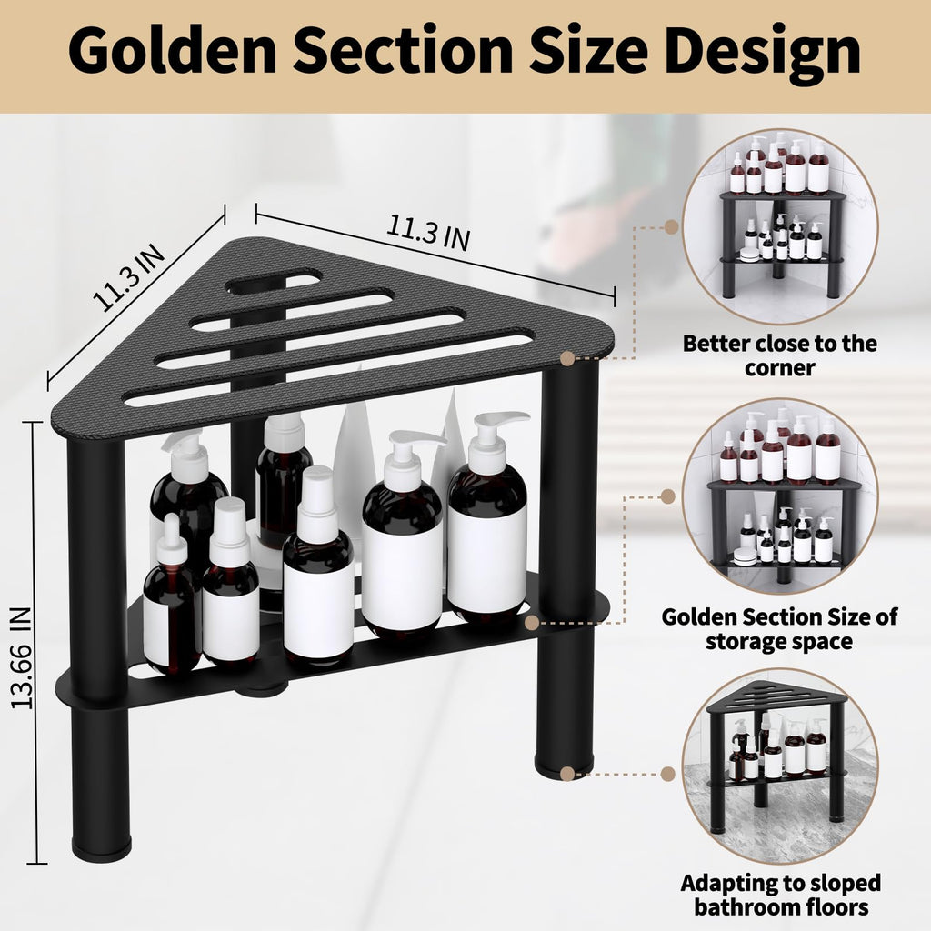 WINSTECK Upgraded Rust-Proof Metal Corner Shower Foot Stool for Shaving Legs, Shower Foot Rest Bench for Inside Shower with Storage Shelf, Small Step Stools, Non-Slip Bath Stool (Black)