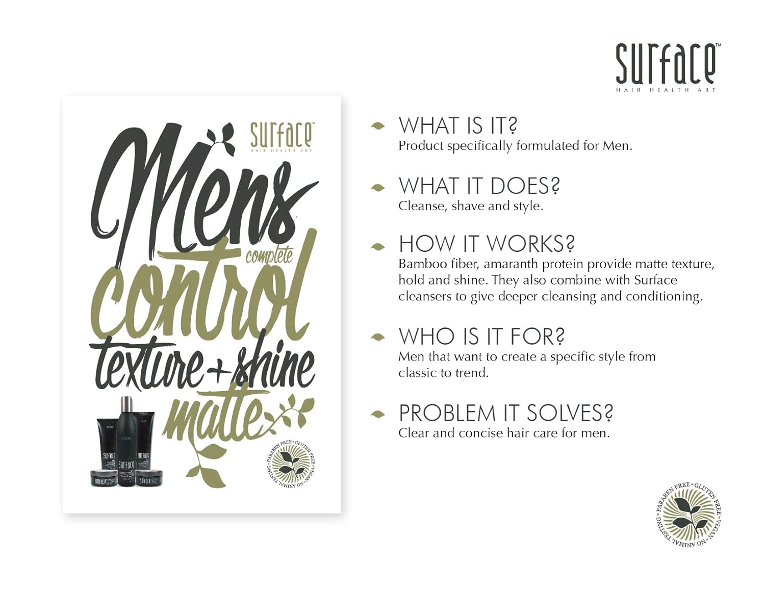 SURFACE Hair Men Styling Mud - Flexible Strong Hold with Flax & Bamboo - 2.25 oz