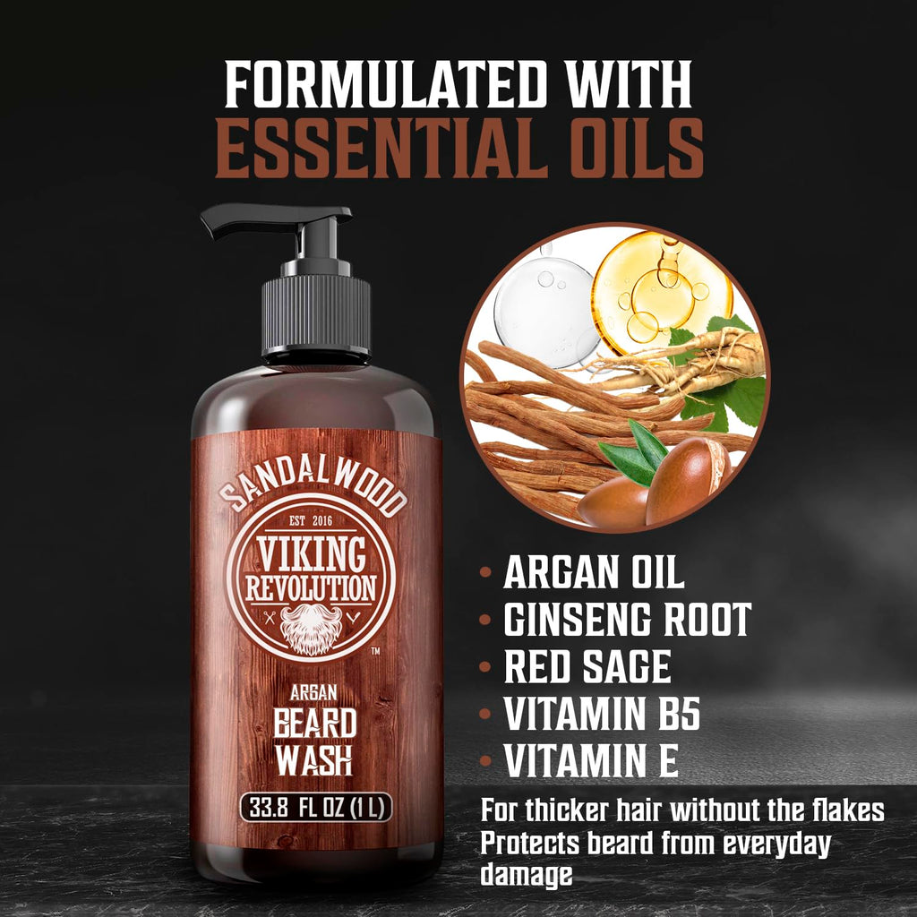 Viking Revolution Sandalwood Beard Wash for Men with Argan Oil - Beard Softener and Strengthener Beard Shampoo with Ginseng, Red Sage, Vitamin B5, Vitamin E - Sandalwood Beard Care (33.8 Fl oz)