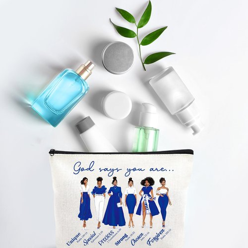 VeloKomo Sorority Gifts Makeup Bag - Blue Waterproof Linen Cosmetic Bags Portable Travel Party Accessories Toiletry Pouch Appreciation Christmas Birthday Gift for Women Girls Friend Bestie Coworker