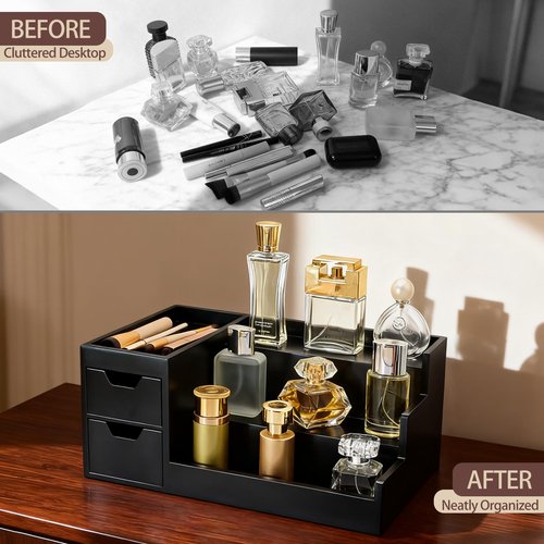 UUyuality Countertop Perfume & Makeup Organizer - Wooden Rack, Cologne Stand Shelves & Skincare Organizer for Bedroom Dresser, Organizador de Perfumes Estante para Perfumes (Black, 01)