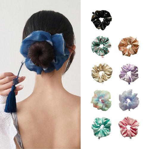 Generic Handmade Soft Korean Scrunchies for Women - Sabang Shin Hanbok Hair Accessory with Beige Ball Trinket Tassel