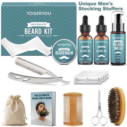 Beard Kit,Beard Grooming Kit for Men W/Straight Razor,2 PACK Beard Oil, Wash, Balm, Brush, Comb, Scissors Mens Birthday Christmas Gifts for Men Boyfriend Husband Beard Trimming Shaving Kit