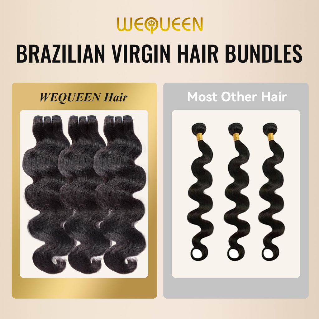 WEQUEEN Bundles Human Hair Body Wave 16A Brazilian Virgin Hair Bundles, Silky and Soft, 16 Inch Thick Weave Natural Black