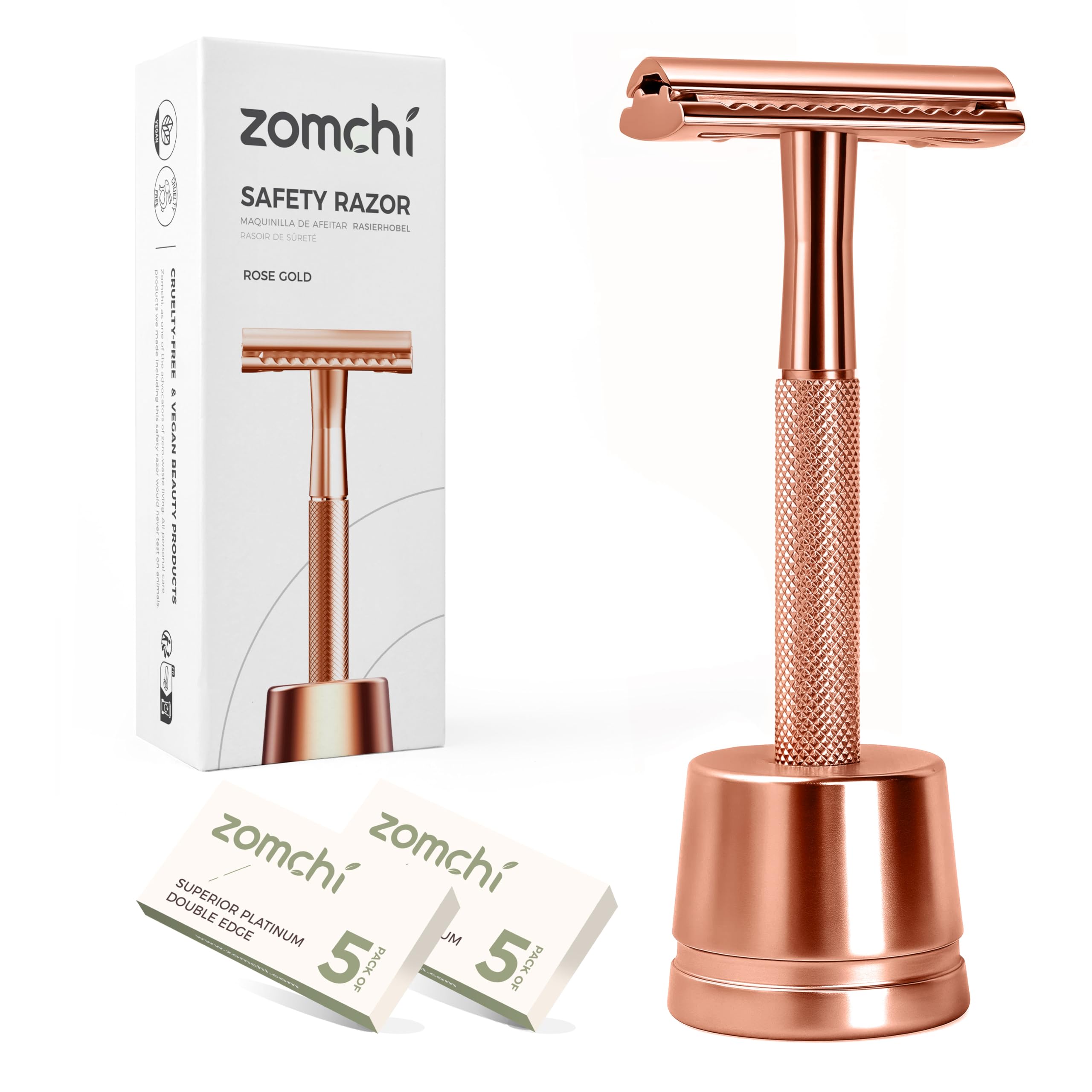 ZOMCHI Single Blade Razors for Women – Reusable Ladies Razor for Legs with 5 Double Edge Safety Razor Blades, Eco-Friendly Manual Shaving Razor - Rose Gold
