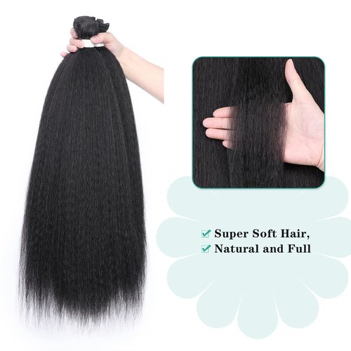 HANNE Kinky Straight Bundles with Lace Closure Yaki Long Straight Hair Bundle for Black Women Heat Resistant 3 Bundles with Closure Hair Extensions (18 20 22 Black)