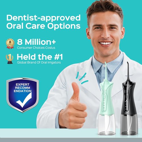 COSLUS Water Flosser for Teeth - 2-Pack C30 Dental Pick Set with 3 Modes & 8 Levels, Ideal for Sensitive Gums - Black & Green