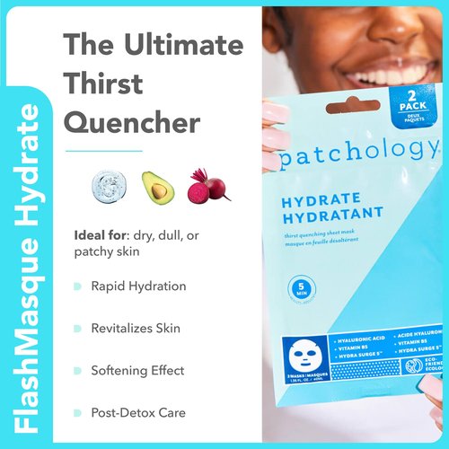 Patchology Face Mask Variety Pack - Brightening Face Mask with Vitamin C stimulates collagen, Hydrating Face Masks with Hyaluronic Acid soften skin, Renewing Face Masks with Strawberry (6 Masks)