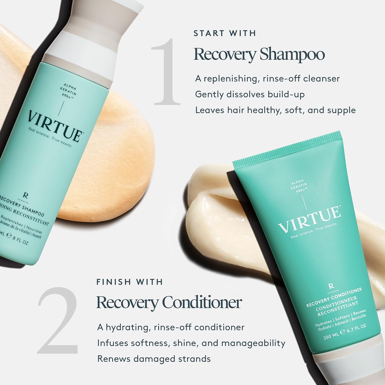 VIRTUE Recovery Shampoo - Sulfate-Free Formula with Keratin & Baobab Oil for Damaged Hair | Color Safe