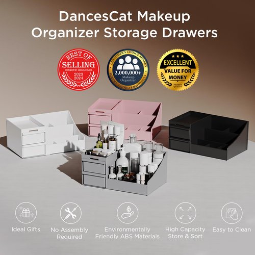 DancesCat Grey&2 Drawers Makeup Organizer Countertop, Vanity Organizer with 7 Compartments and 2 Drawers for Cosmetics, Skincare, Brushes, Perfume, Bathroom Counter Organizer