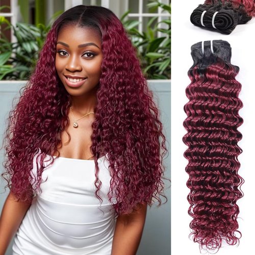 T1B/99J 12A Human Hair Bundles 16 Inch Deep Wave Bundles Human Hair 100% Unprocessed Brazilian Virgin Deep Curly Weave 1 Bundle Water Wavy Hair Extensions Honey 99J Burgundy Bundle for Women