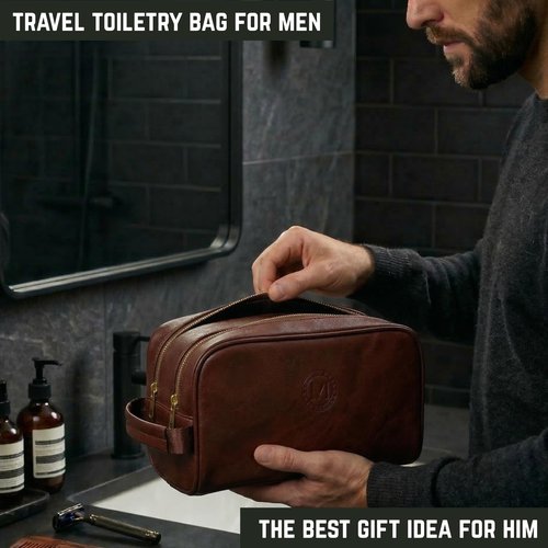 VI PRESTIGE Travel Toiletry Bag For Men, Premium PU Leather, Metal Zippers and Bottom Studs, Travel Essentials For Men, Waterproof Toiletry Bag, With Velvet Dust Bag, Men Birthday Gifts/DARK BROWN
