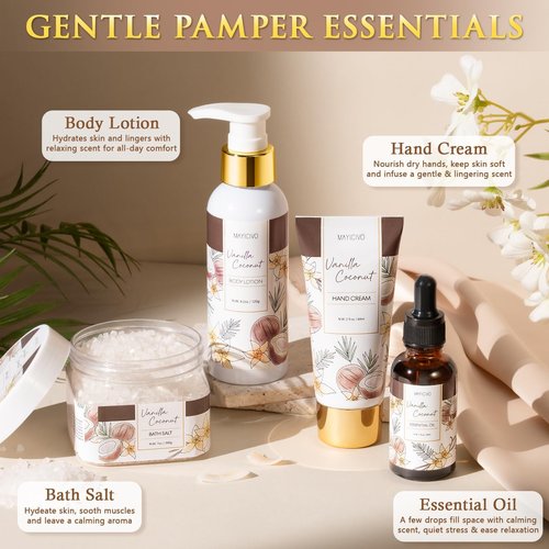 Birthday Gifts for Women, Vanilla Coconut Relaxing Spa Gift Baskets for Women Self Care Package Bath Gift Set, Home Bath and Body Kit Pamper Valentines Day Gifts for Her Womens Mom Friends Sister Wife