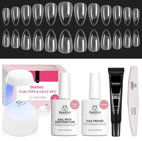Beetles Gel Nail Kit Short Almond Gift Spree, with Dehydrator and Primer, 576Pcs Half Matte Etch-X Gel Nail Tips Solid Nail Glue Mini Lamp Acrylic Tips Easy DIY Extension Set Gift for Women