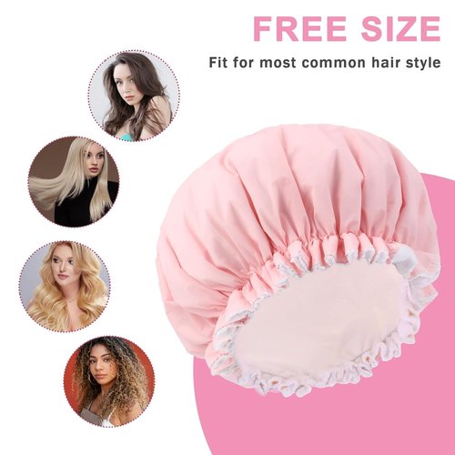 Skiennix Reusable Shower Cap - Waterproof Terry Cloth Lined Design | Pink Double Layer for All Hair Lengths
