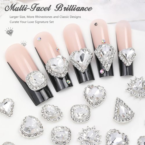 qiipii 24Pcs 3D Alloy Silver Clear Nail Art Rhinestones Luxury Charms for Nails- 3D Alloy Heart Nail Charms, Elegant Silver Nail Crystal Diamonds Stones Studs for Acrylic Nails DIY Crafts Jewelry