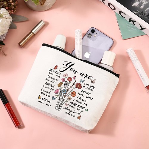 4MELLY Christian Gift for Women Faith Religious Gifts Birthday Mothers Day Gifts for Women Mom Sister Best Friends Wife Coworkers-Inspirational Verse Glass/Makeup Bag