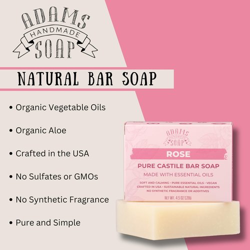Adams Handmade Soap Rose Pure Castile Bar Soap – 4.5 oz | Vegan, Cold Process, Essential Oils, 84% Organic, Fair Trade, No Additives, USA Made