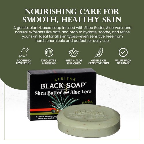 Madina African Black Soap Bar – Shea Butter, Aloe Vera, Moisturizing, Gentle Exfoliating, 100% Vegetable-Based, For All Skin Types, Face & Body Cleanser, 6 Pack (3.5 oz Each)