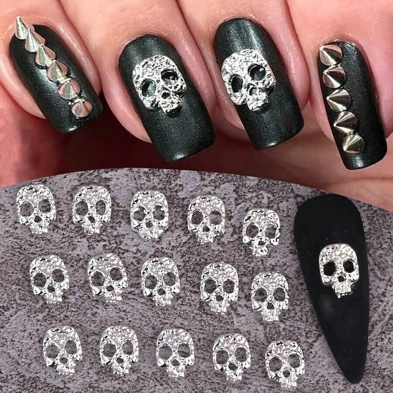 Halloween Nail Charms Silver Skull 20PCS for Acrylic Nails DIY Nail Art