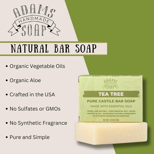 Adams Handmade Soap Tea Tree Pure Castile Bar Soap – 4.5 oz | Vegan, Cold Process, Essential Oils, 84% Organic, Fair Trade, No Additives, USA Made